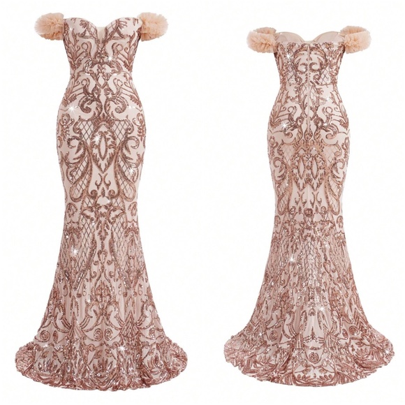 Luxe Sequin Mesh Off Shoulder Mermaid hem Formal prom Wedding Dress - Picture 3 of 7